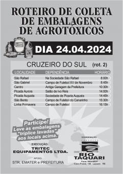 Novo roteiro de recolhimento de embalagens de agrotóxicos de Cruzeiro será dia 24 de abril